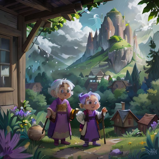 a couple of people standing in front of a forest filled with trees and flowers, with a castle in the background