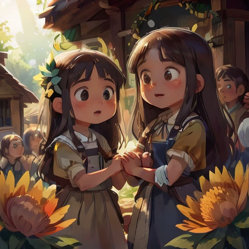 two girls standing next to each other in front of a house with sunflowers on the ground and a man standing next to them
