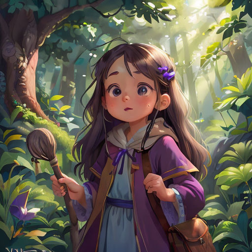 a girl in a purple dress holding a brush in a forest with trees and plants behind her, looking at the camera