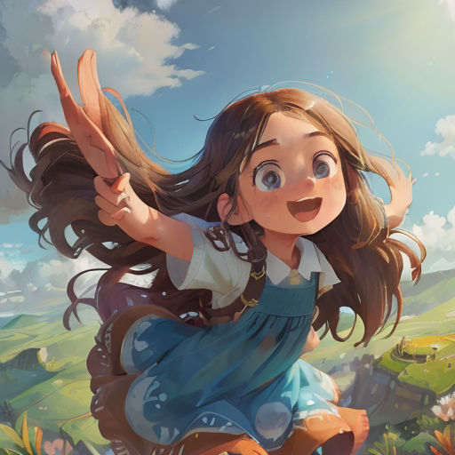 a girl in a dress flying through the air with her arms outstretched and a teddy bear in the foreground