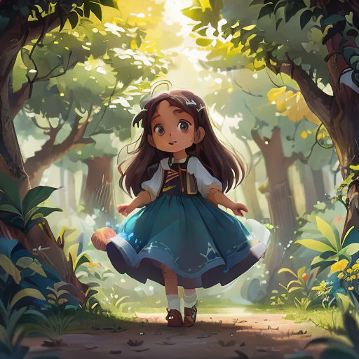 a girl in a forest with trees and leaves on the ground, and a light shining through the trees