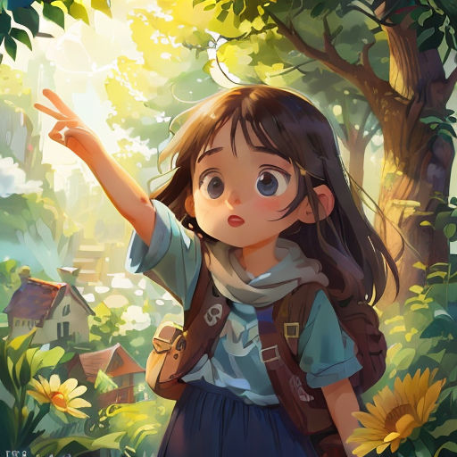 a girl in a forest pointing at the sunflowers with her hand up to the sky and a house in the background