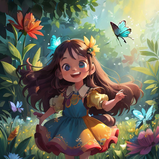a girl in a dress is walking through a field of flowers and butterflies with a butterfly flying above her