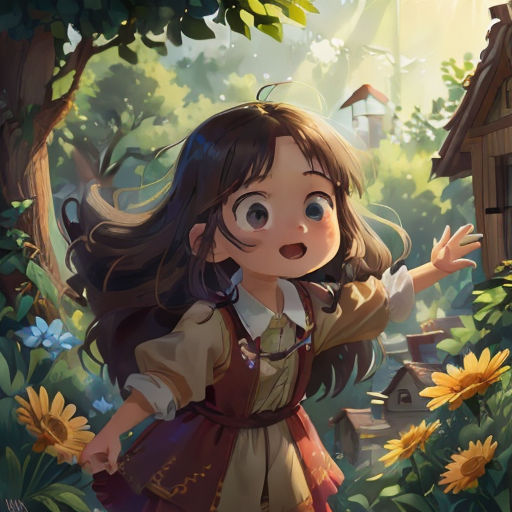 a girl in a dress standing in a forest with sunflowers and a birdhouse in the background