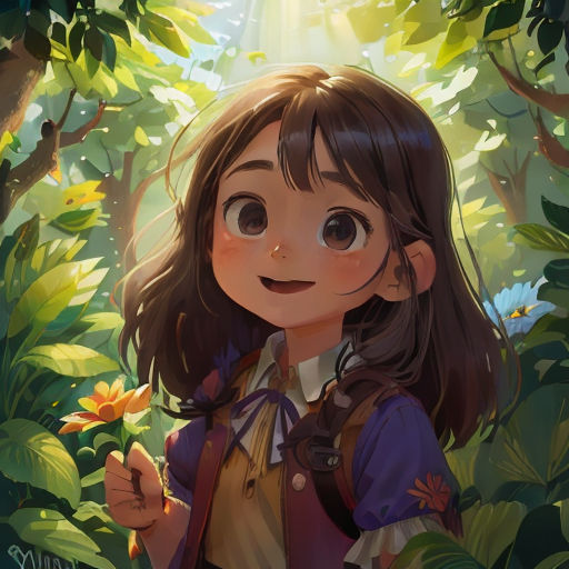 a girl in a forest with a flower in her hand and a light shining through the trees behind her