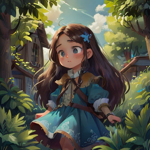 a girl in a blue dress standing in the woods with a house in the background and trees around her