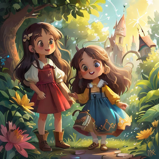 two girls in a forest with a castle in the background and a sunflower in the foreground, and a bird in the foreground
