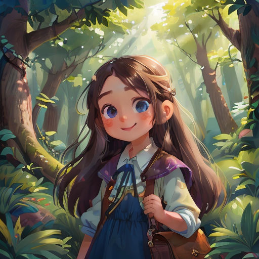 a girl in a forest with a backpack and a backpack on her shoulder, looking at the camera with a smile
