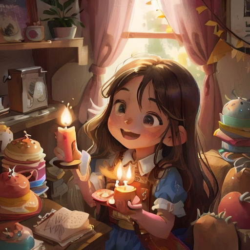 a little girl holding a candle in a room with other items on the table and a window behind her