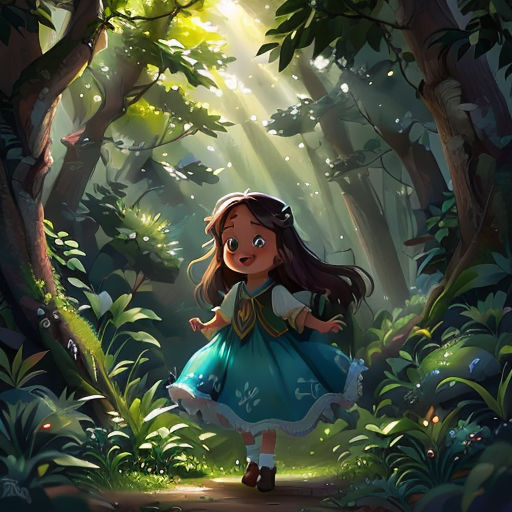 a girl in a blue dress walking through a forest with sunlight streaming through the trees and leaves on the ground