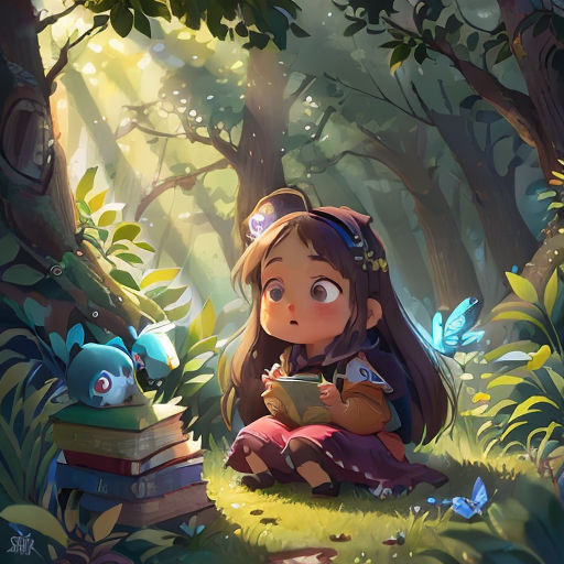a girl sitting in the woods reading a book and looking at a book in her hand, with a dragon on her shoulder