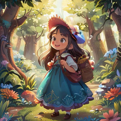 a girl in a forest with a backpack and a backpack on her back, looking at the camera and smiling