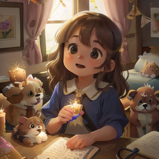 a girl is holding a candle and writing on a book with stuffed animals around her and a teddy bear