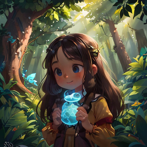 a girl holding a glowing orb in a forest with a butterfly flying around her and a forest background with trees