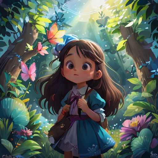 a girl in a blue dress standing in a forest with butterflies on her head and a butterfly on her shoulder