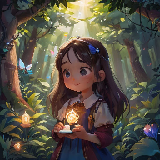 a girl holding a candle in a forest with butterflies flying around her and a light shining on her face