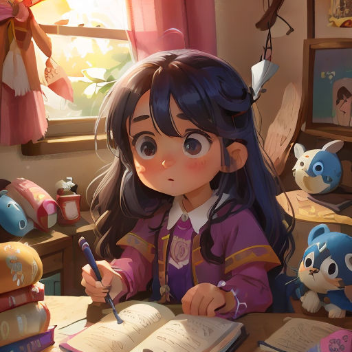 a girl sitting at a desk with a book and pen in her hand and stuffed animals in the background