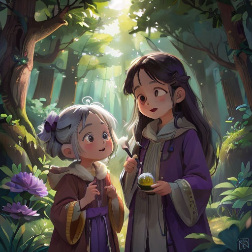 two girls in the woods with a bowl of food in their hands and a forest background with flowers and trees