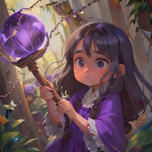 a girl holding a purple ball and a wand in a forest with a purple lantern on it's stick