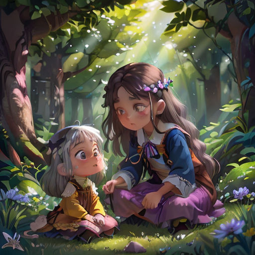 two girls sitting in the woods with a light shining on them and a forest background with trees and flowers