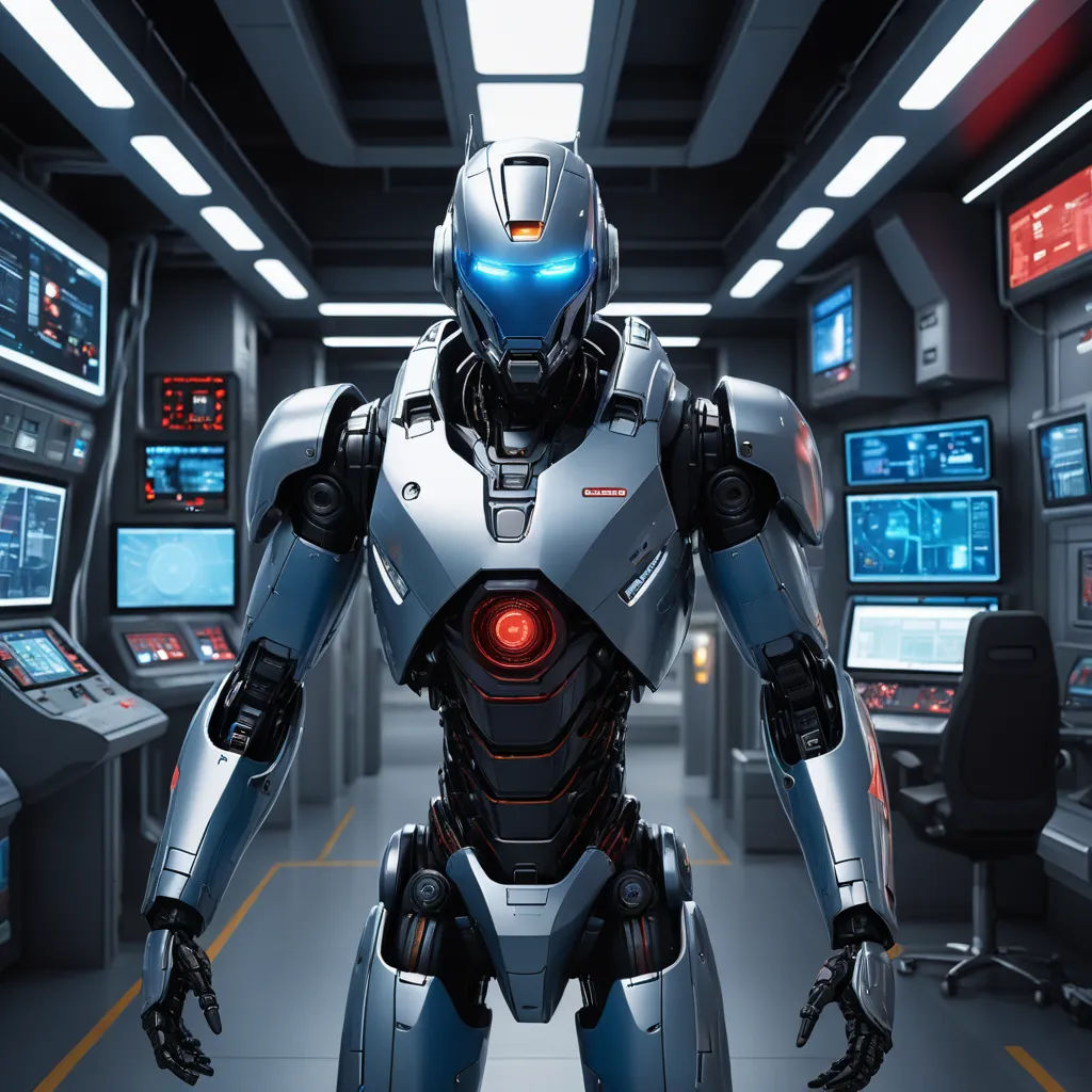 a robot standing in a room with many monitors on the walls and a man in a suit on the floor, futurism, a 3D render, Ai-Mitsu, unreal engine 5 highly rendered