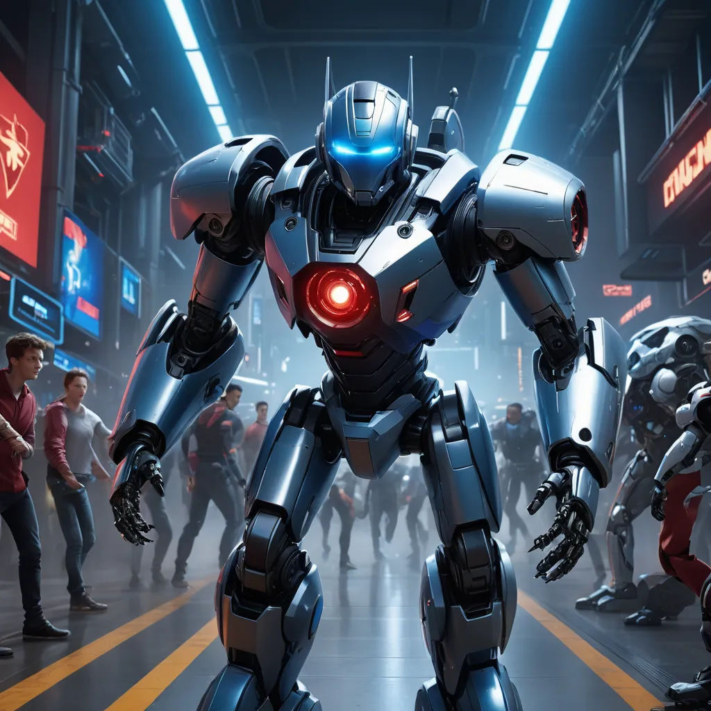 a group of people standing around a robot in a room with neon lights and a large robot in the middle of the room, antipodeans, concept art, Beeple, unreal 5
