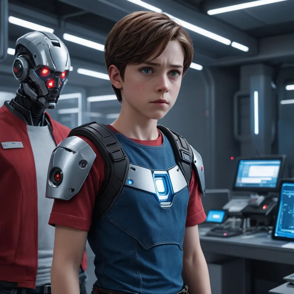 a boy and a robot in a sci - fi setting with computers in the background, and a man in a red shirt, les automatistes, concept art, Adam Dario Keel, promotional image