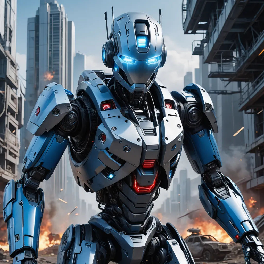 a robot that is standing in the dirt with a city in the background and a building in the background, antipodeans, a computer rendering, Beeple, unreal engine 5 highly rendered