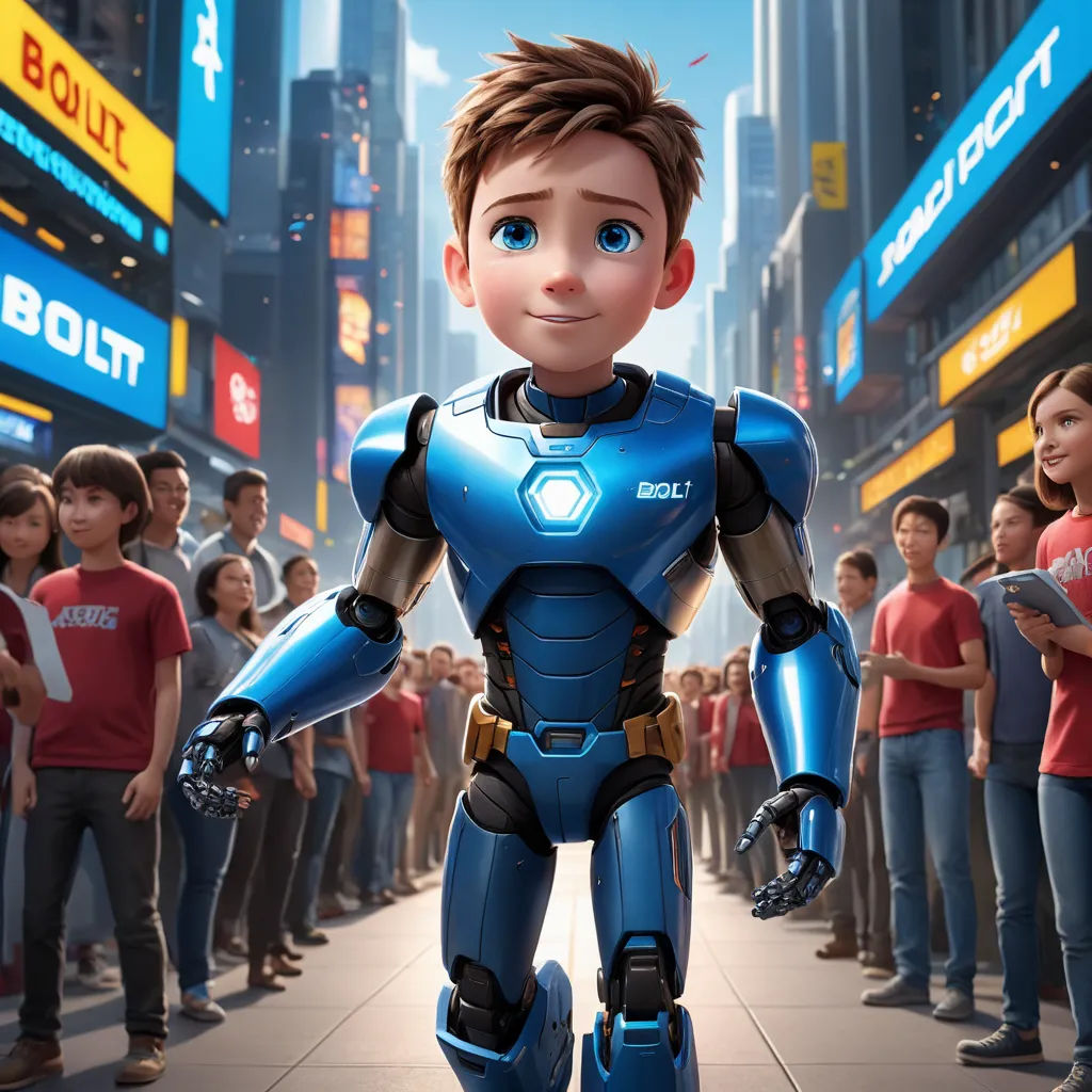 a cartoon character is standing in front of a crowd of people in a city with a robot in the foreground, antipodeans, concept art, Adam Rex, promotional image