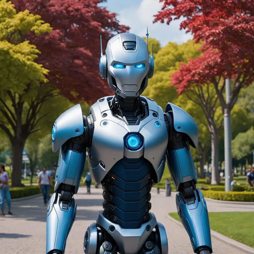 a robot standing in the middle of a park with trees in the background and people walking around it in the foreground, les automatistes, a computer rendering, Ai-Mitsu, half robot