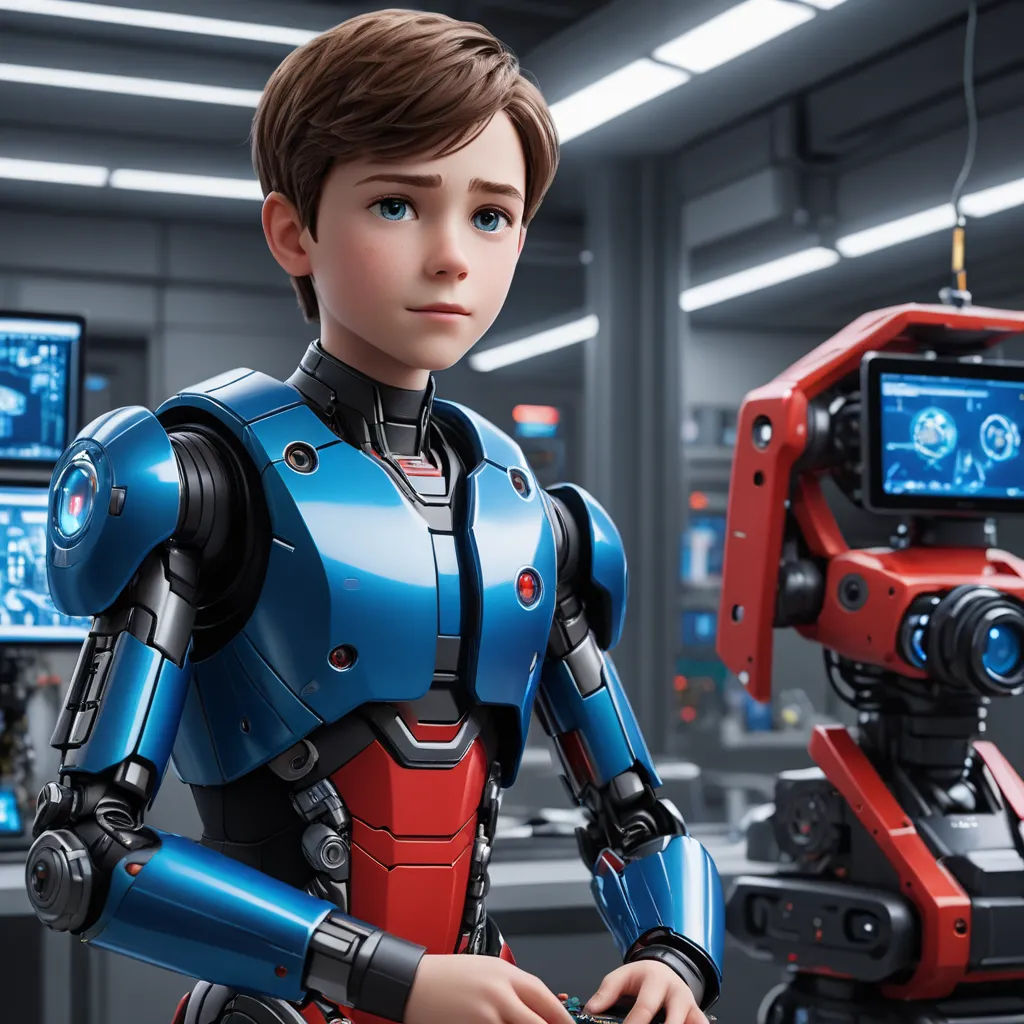 a robot is standing in a room with a robot in it's hands and a robot in the background, antipodeans, a computer rendering, Adam Rex, cgstudio