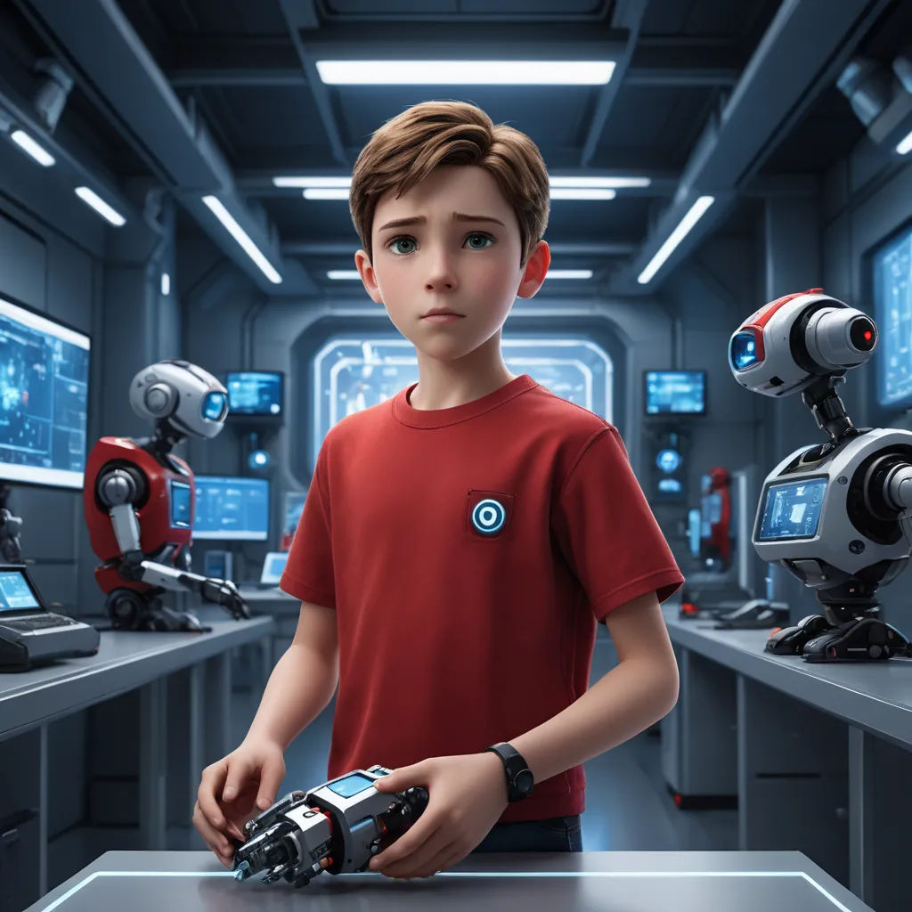 a boy in a red shirt holding a robot in a room with many robots on the walls and a table with a robot on it, les automatistes, a character portrait, Adam Rex, promotional image