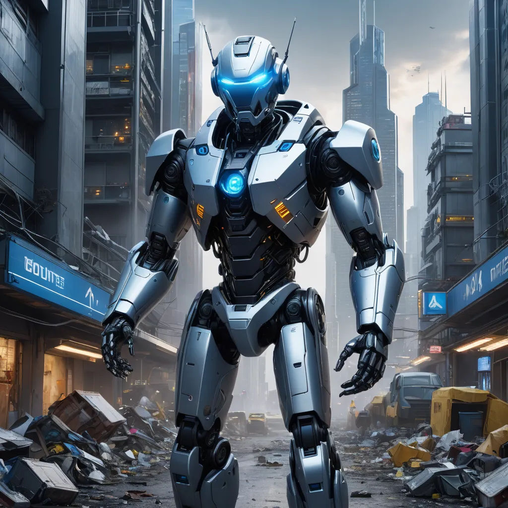 a robot standing in a city surrounded by debris and debris, with a city in the background, and a building with a sign that says,, antipodeans, concept art, Clint Cearley, unreal engine 5 rendered