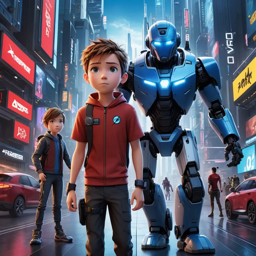 a boy and a boy in a city with a robot in the background, and a man in a red shirt, antipodeans, poster art, Beeple, promotional image