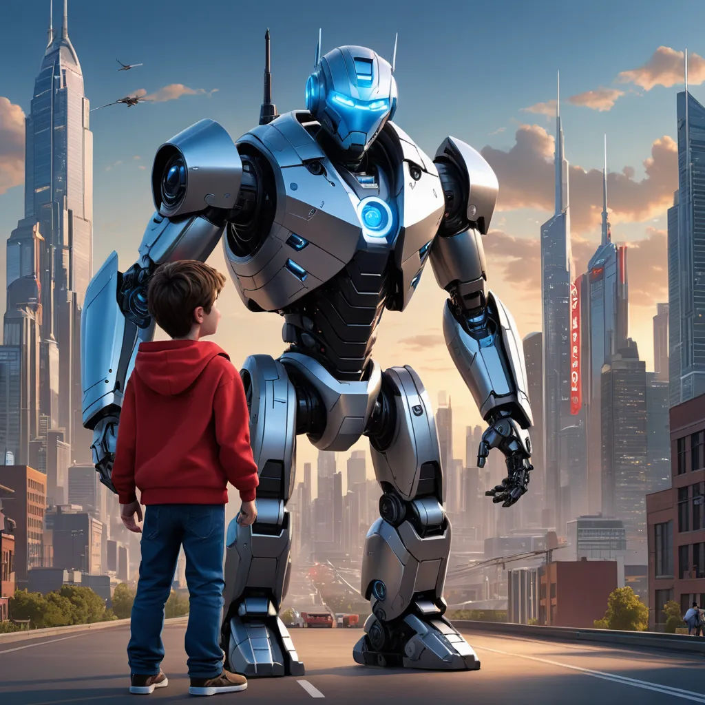 a boy standing next to a giant robot in a city street with a city skyline in the background and a man standing next to it, les automatistes, poster art, Beeple, promotional image
