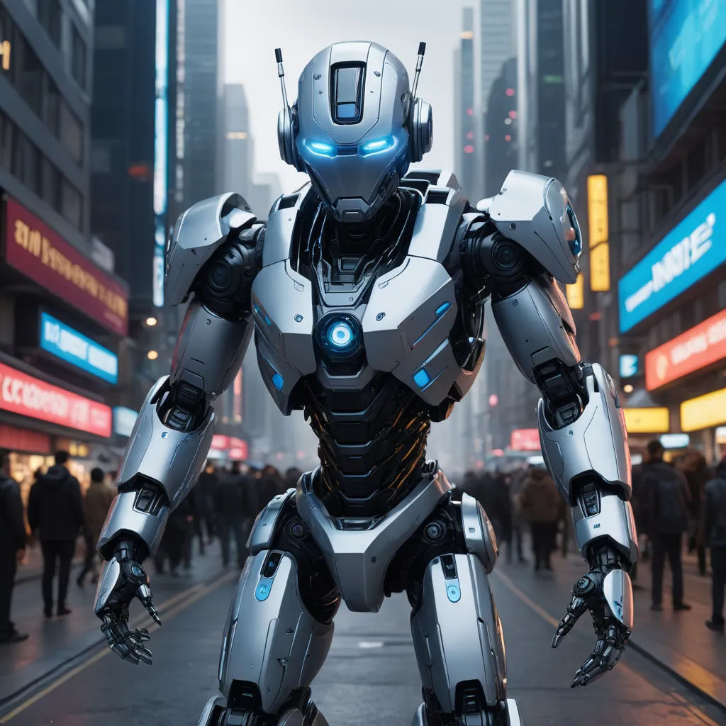 a robot standing in the middle of a city street with people walking around it and buildings in the background, antipodeans, a 3D render, Beeple, unreal 5 render