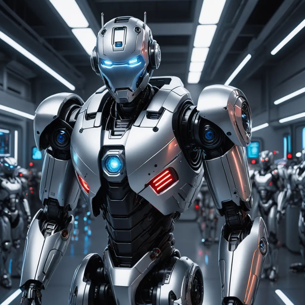 a robot is standing in a room with many robots in it's back end and a third robot is in the background, les automatistes, a computer rendering, Beeple, robots