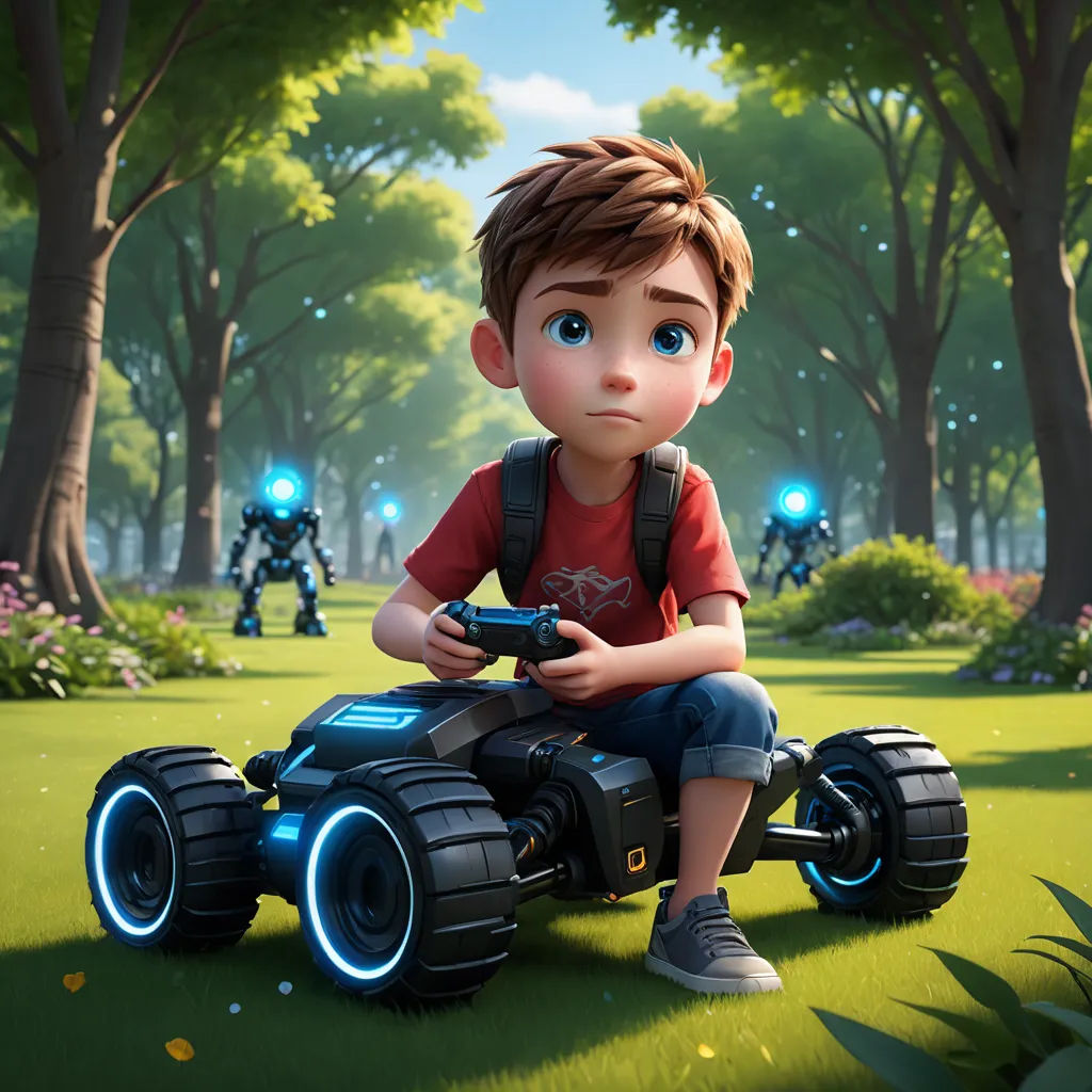 a boy sitting on a toy car in a park with other toys in the background and a robot in the foreground, panfuturism, a computer rendering, Beeple, promotional image