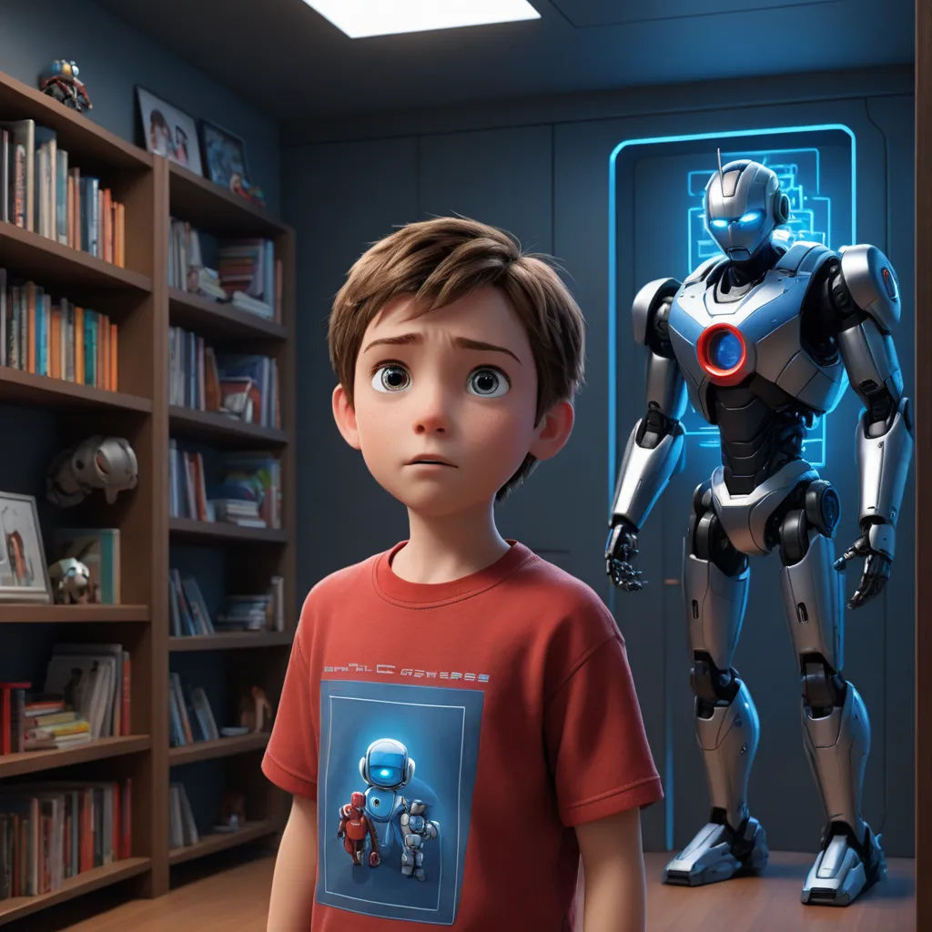 a boy standing in front of a robot in a room with bookshelves and a book shelf full of books, les automatistes, a computer rendering, Alejandro Burdisio, promotional image