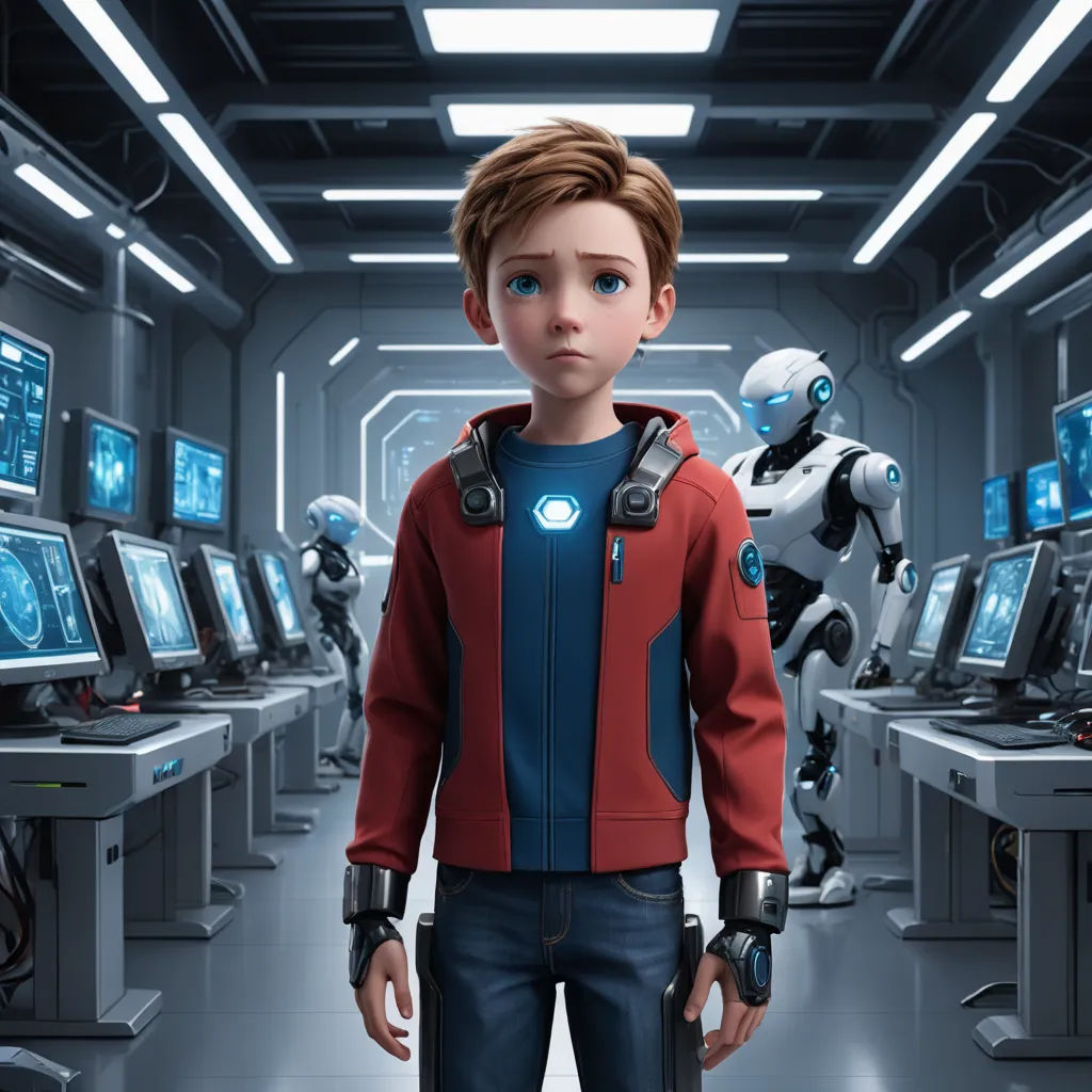 a boy in a red jacket standing in a room with many monitors and a robot in the background with a light on, antipodeans, concept art, Beeple, promotional image