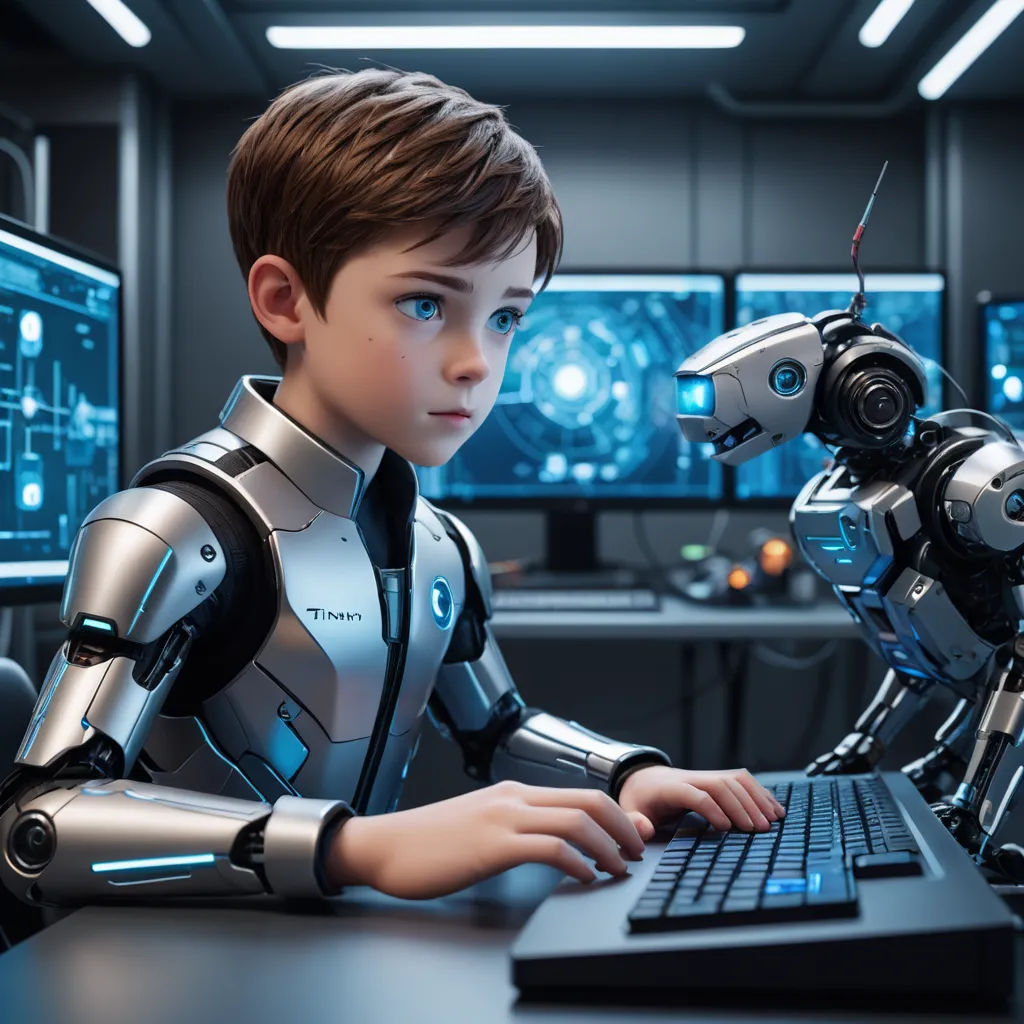 a boy in a suit sitting at a desk with a laptop and a robot in front of him, both of them are looking at the same screen, les automatistes, a computer rendering, Beeple, cgstudio