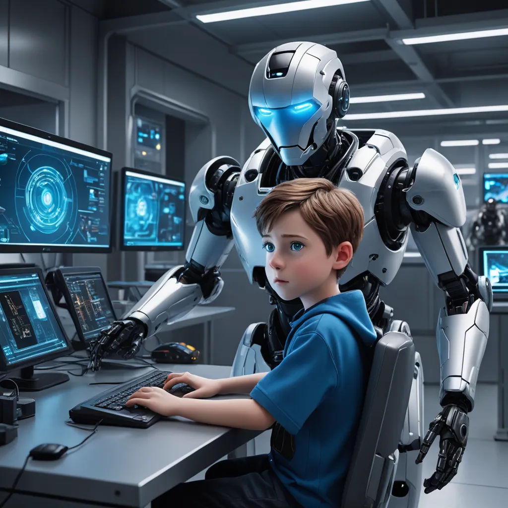 a boy sitting at a desk with a computer and a robot on it's back legs, in front of a computer screen, les automatistes, a stock photo, Beeple, robots