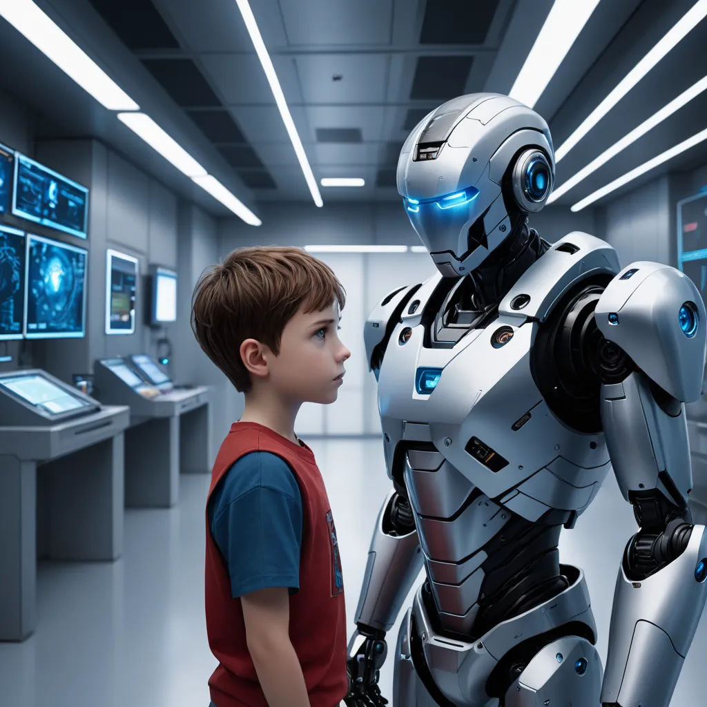 a boy standing next to a robot in a room with computers on the walls and a man in a red shirt, les automatistes, a stock photo, Beeple, promotional image