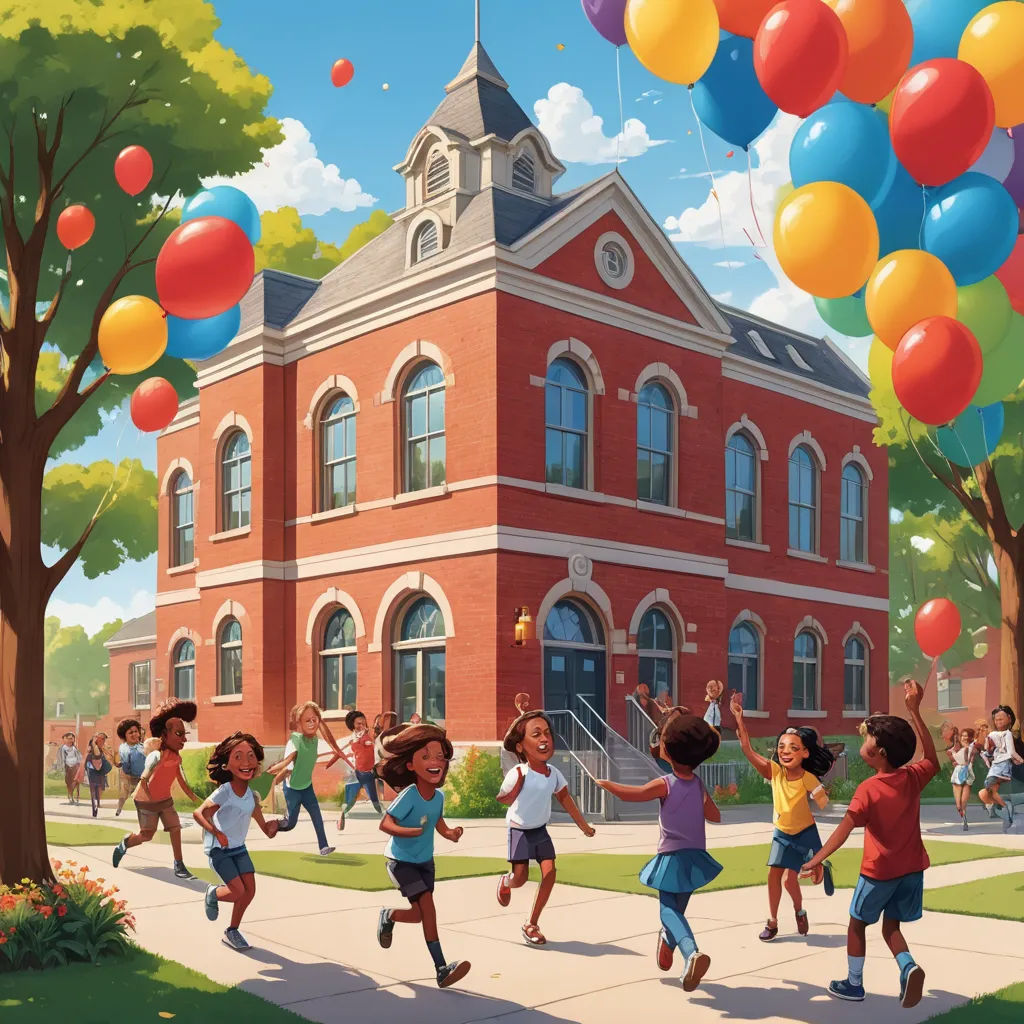 a painting of children running with balloons in front of a school building with a clock tower on the top, paris school, a storybook illustration, Chris LaBrooy, storybook illustration