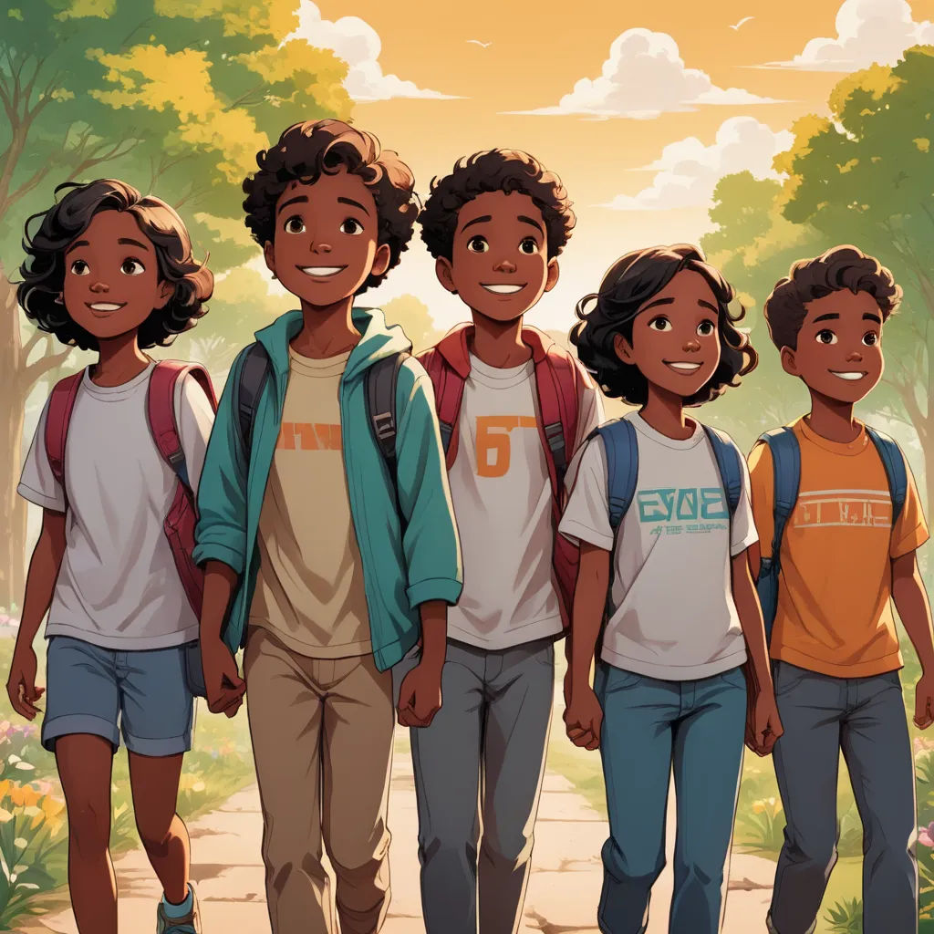 a group of young people walking down a sidewalk next to a forest with trees and flowers on it,, afrofuturism, concept art, Felix-Kelly, official art