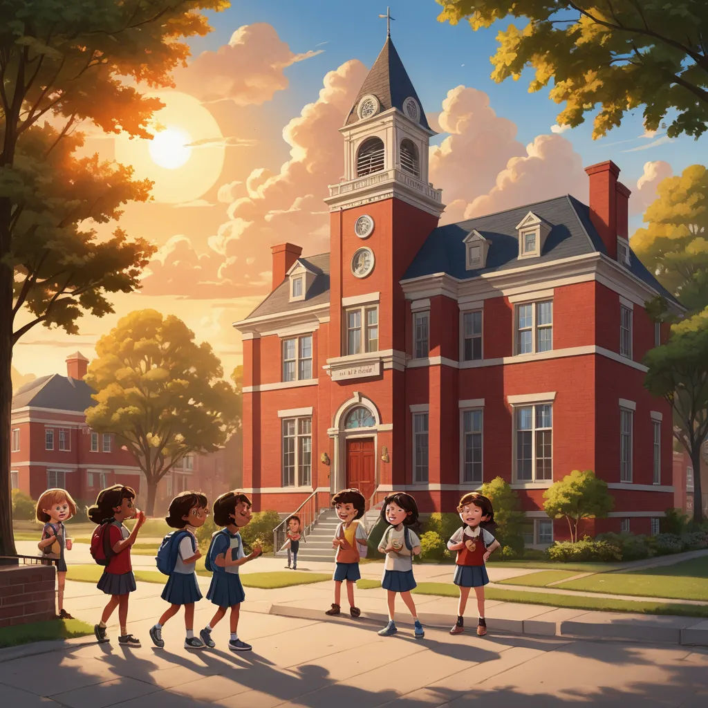 a group of children walking in front of a red building with a clock tower on top of it's roof, vancouver school, a storybook illustration, Evgeny Lushpin, rossdraws global illumination