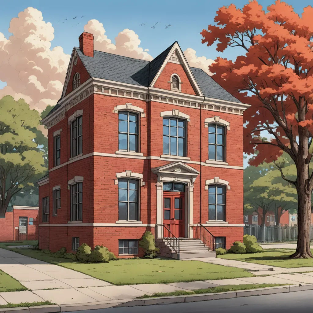 a red brick building with a red tree in front of it and a red fire hydrant in front of it, vancouver school, a detailed matte painting, Evgeny Lushpin, official art