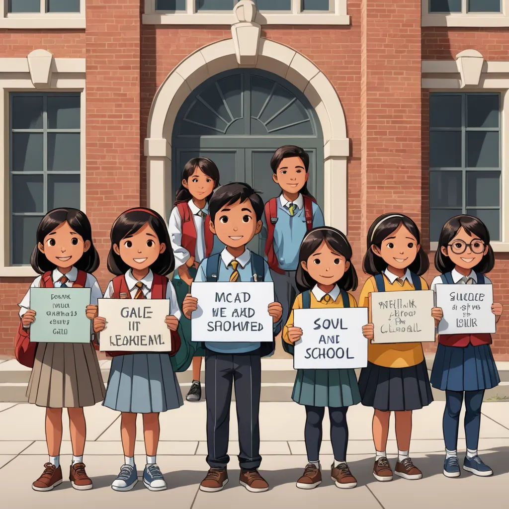 a group of children holding up signs in front of a building with a brick wall and a doorway with a door, sots art, an album cover, Eddie Mendoza, official art