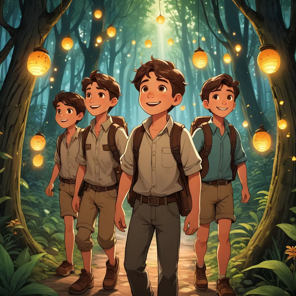 a group of people standing in a forest with lanterns hanging from the trees above them and a man in the middle of the picture, sots art, concept art, Diego Gisbert Llorens, official art