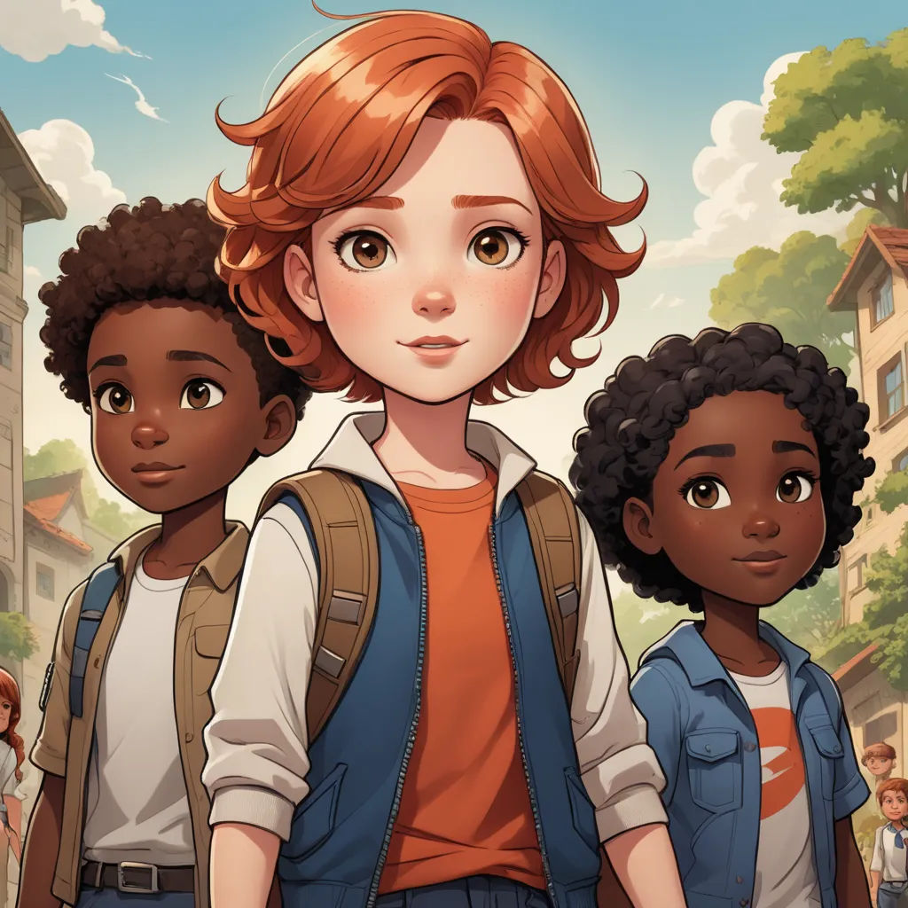 a cartoon of a group of children standing in front of a building with a sky background and trees in the background, paris school, concept art, Cedric Seaut (Keos Masons), official art